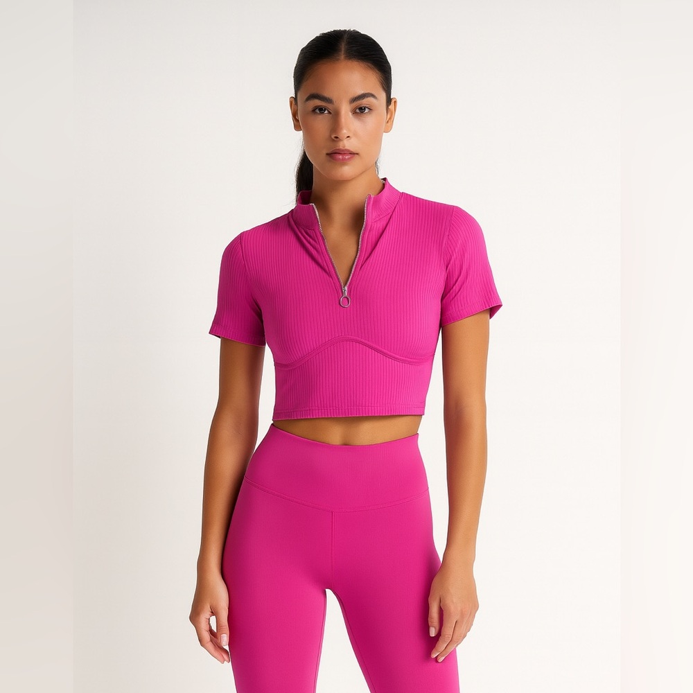 love J Hot Pink Ribbed Zip-Front Crop Top